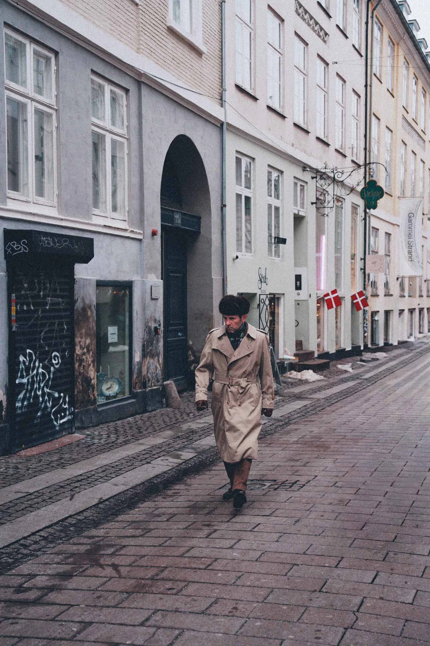 Man walking in the cold street of Copenhaguen